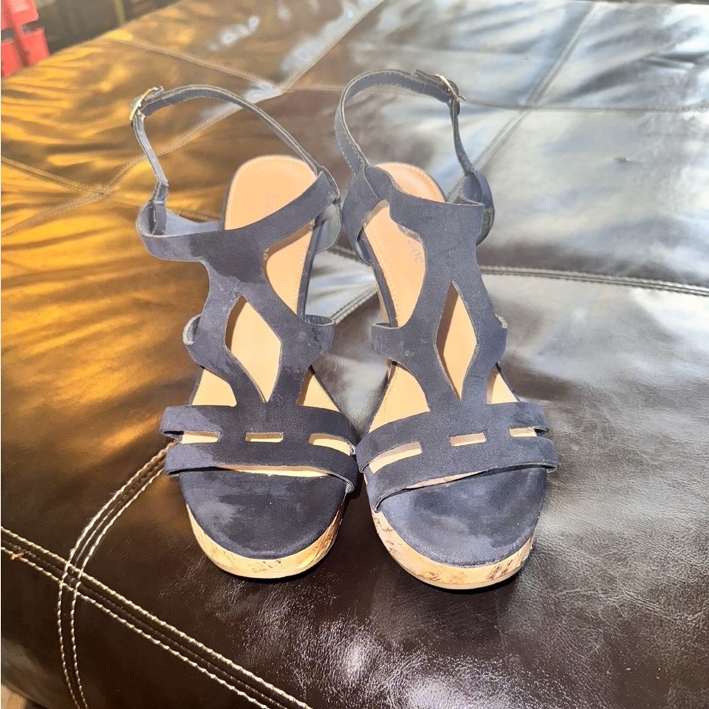 Women’s Navy Suede Strappy Wedge Sandals